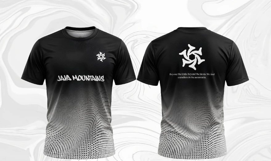 Jersey Java Mountains hitam putih bermotif abstrak, tampak depan dan belakang