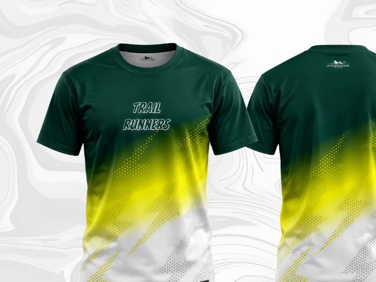 Jersey JM Trail Runners berwarna hijau, lime, dan putih, tampak depan dan belakang